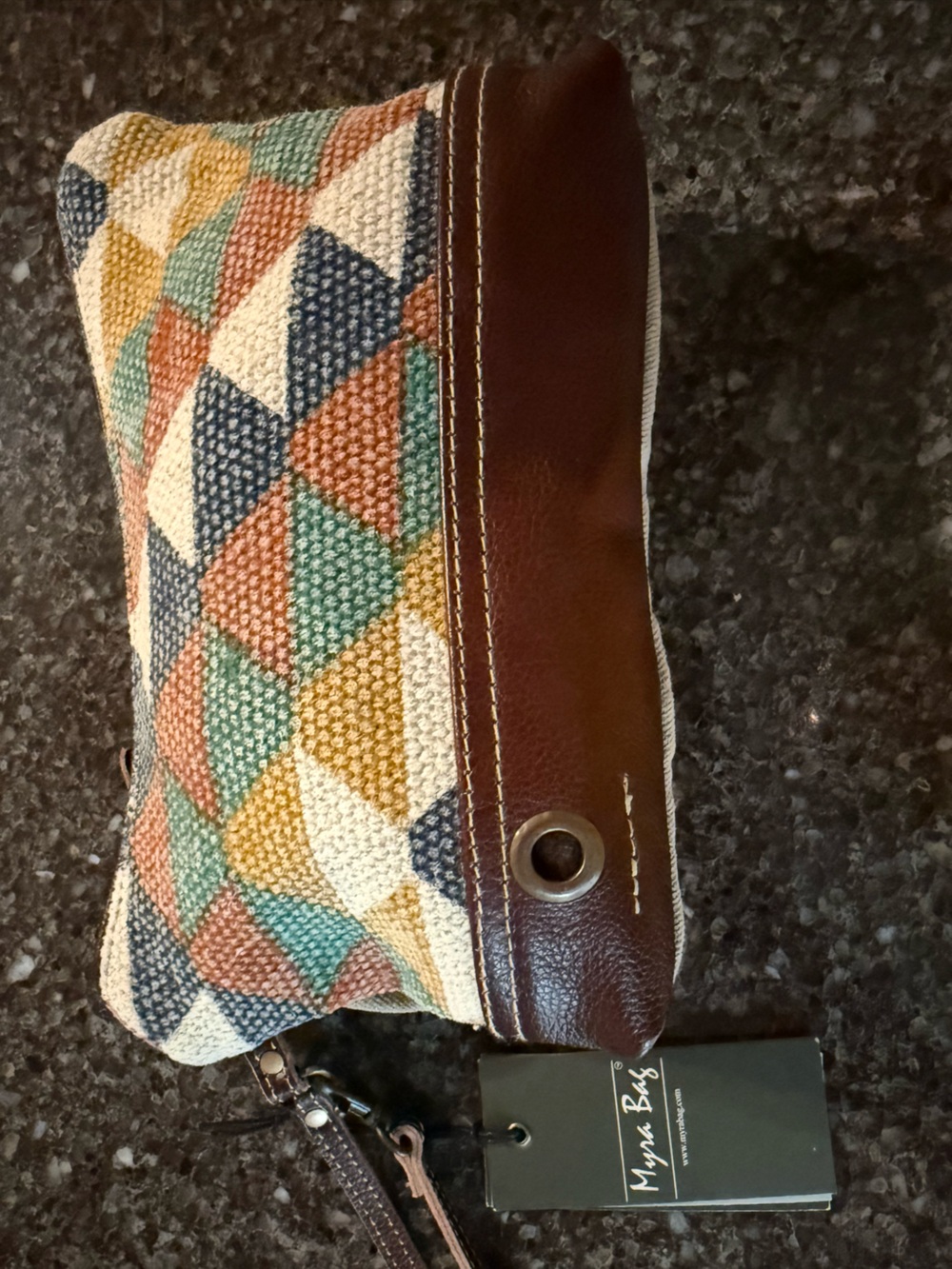 Myra Bag Multicolor Geometric Wristlet with Brown Leather Trim